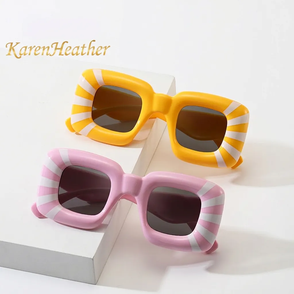 Dopamine Color Square Frame Sunglasses Striped Pattern PC Material UV Protection Retro Hip Hop Trendy Unisex Outdoor Eyewear