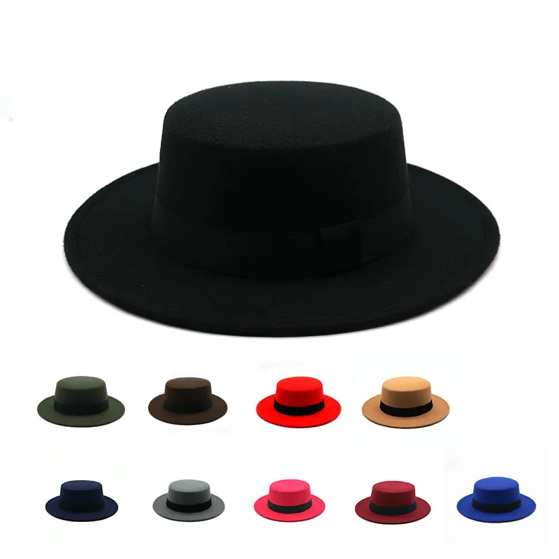 Retro Flat Top Hat British Style Wide Brim Woolen Felt Boater Fedora For Men Women Party Performance Winter Warm Accessory