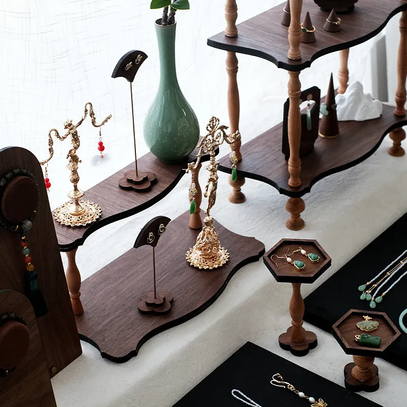 Jewelry Display Stand Walnut Wood Folding Screen Earring Necklace Storage Organizer Rack Retro Artistic Desktop Decor