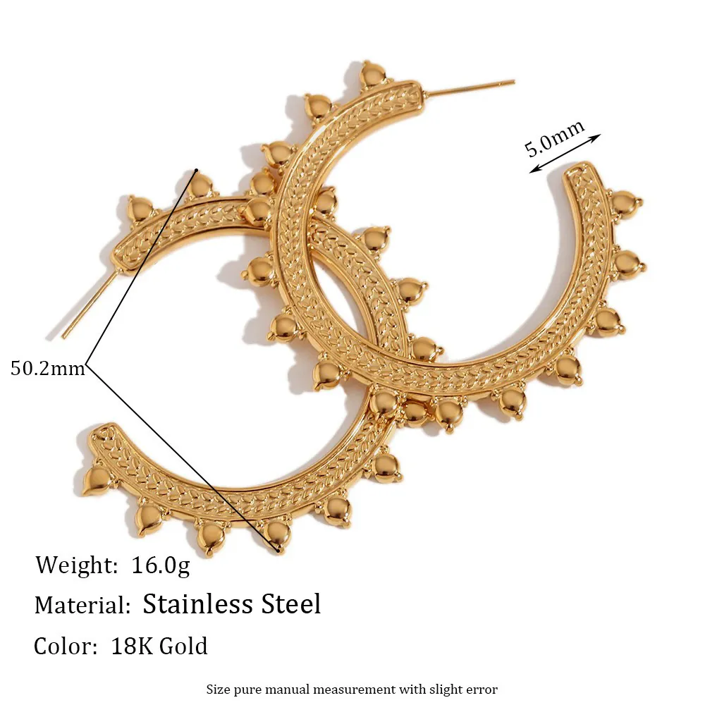Large C Hoop Earrings 18K Gold Plated 316L Stainless Steel Wheat Pattern Bohemian Vintage Geometric Jewelry For Women