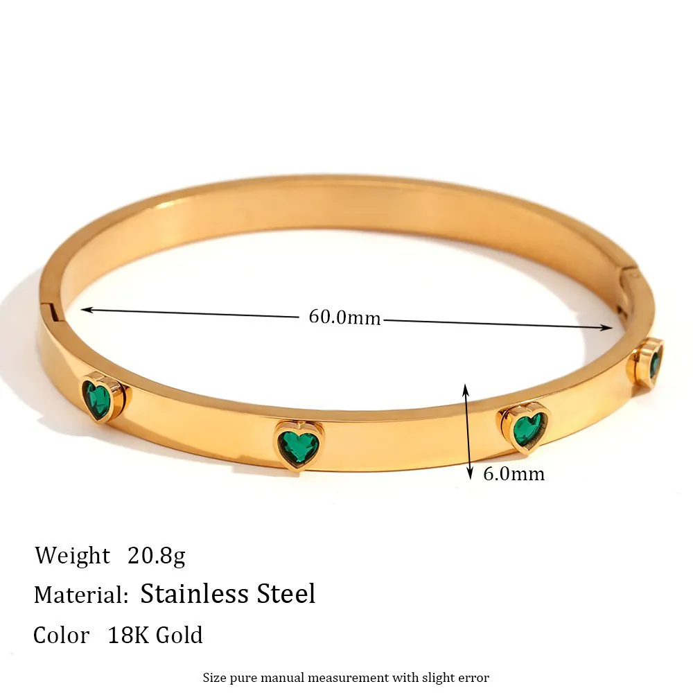 Heart Cubic Zirconia Bangle Bracelet 316L Stainless Steel 18K Gold Plated Hinge Buckle Fashion Jewelry For Women