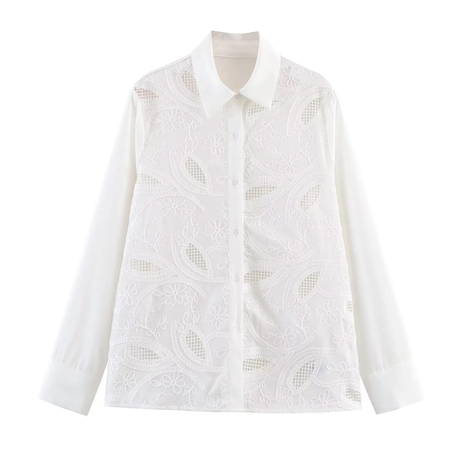 Women White Hollow Out Lace Embroidery Long Sleeve Shirt Turn-Down Collar Single Breasted Casual Office Blouse Top For Lady