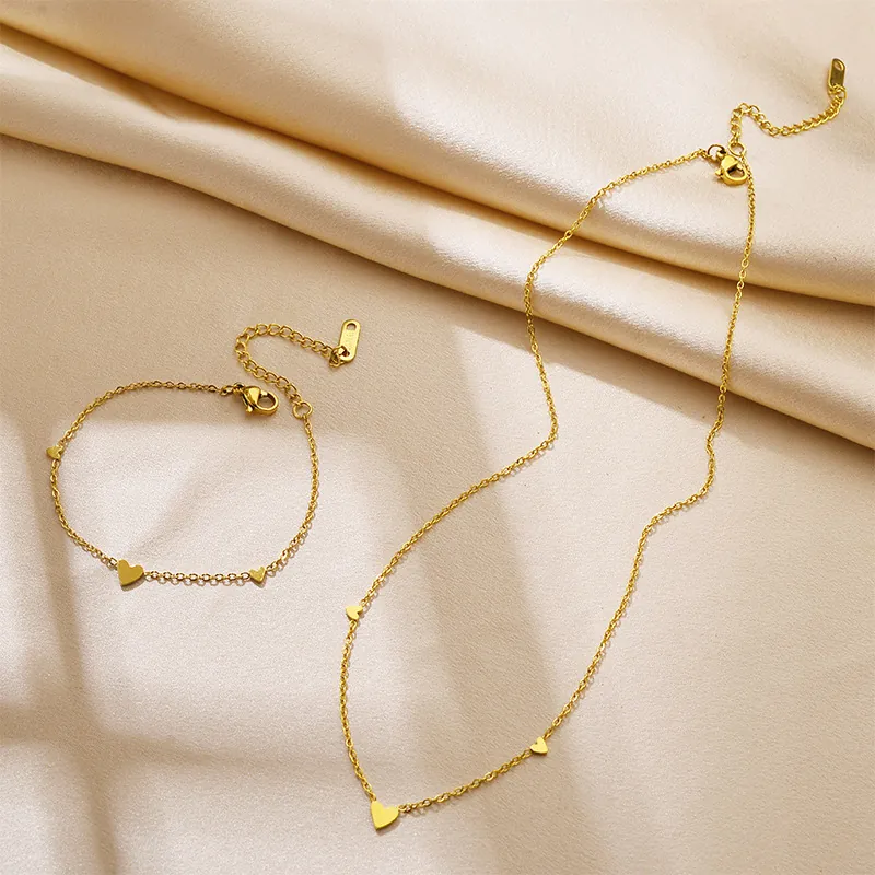 Titanium Steel Heart Necklace Bracelet Jewelry Set Minimalist Gold Silver Dainty Heart Clavicle Chain For Women Jewelry