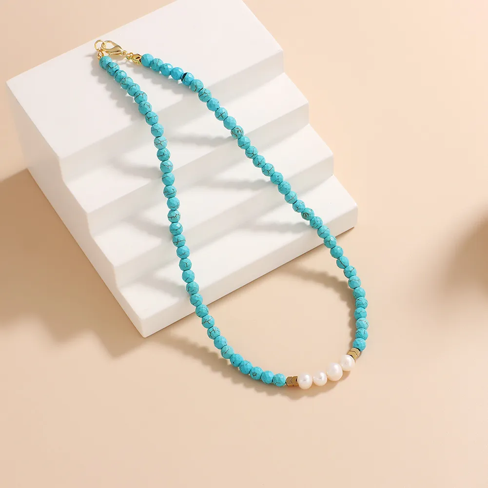 Collier Perlé Bohème Turquoise Perle d'Eau Douce Naturelle Avec Séparateurs en Alliage Doré Vintage Ethnique Bijoux Femme