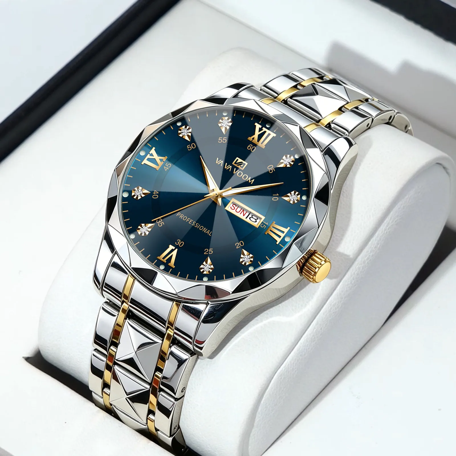 Men's Business Quartz Watch Stainless Steel Waterproof Luminous Wristwatch Dual Calendar Chronograph Luxury