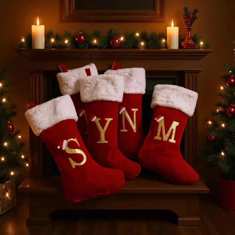 Calza di Natale Con 26 Lettere Alfabeto Personalizzato Decorazione Appesa Calzino Ricamato Rosso Grigio Sacchetto di Caramelle Regalo per Arredamento Casa Festa