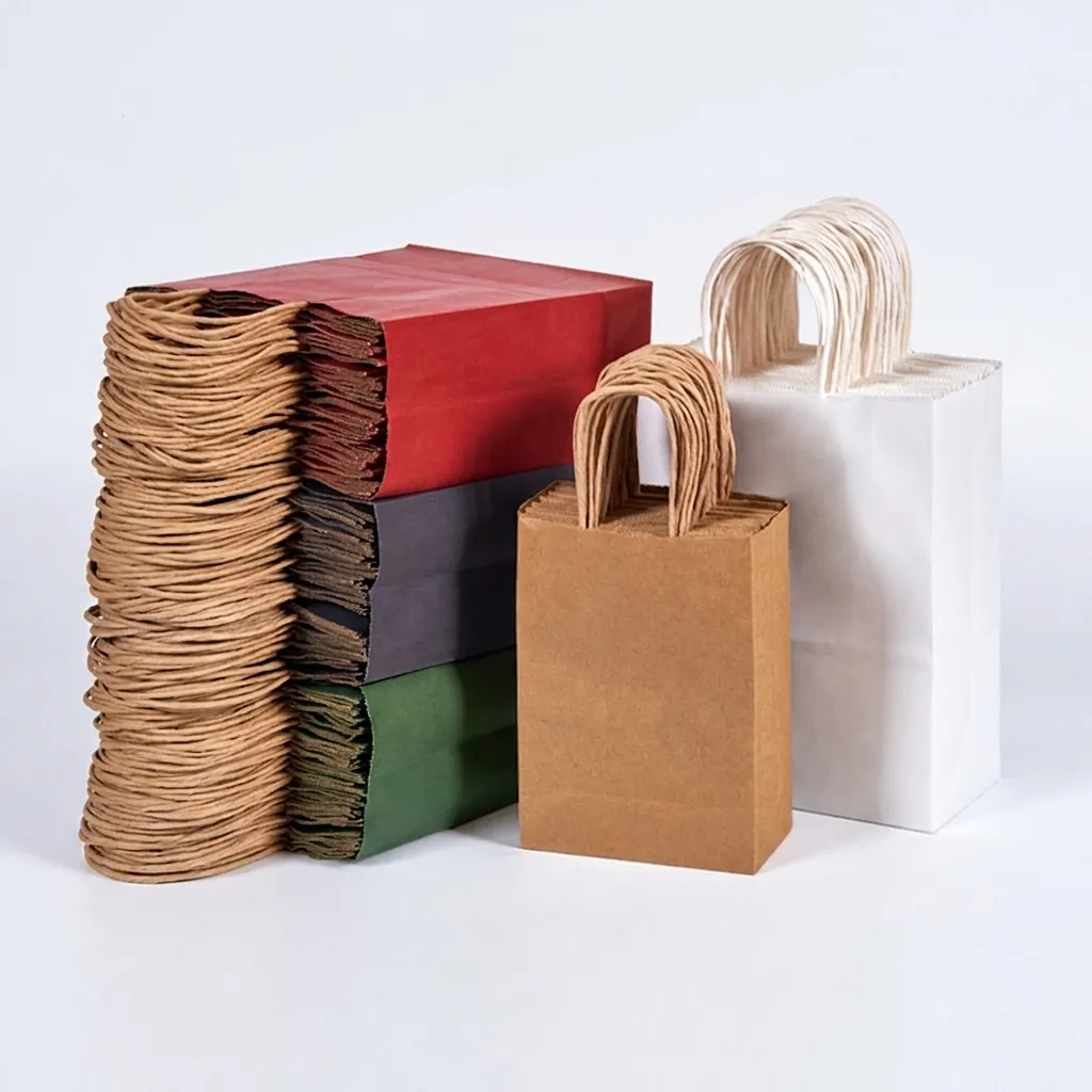 Sacs en Papier Kraft Recyclables Avec Poignée en Corde Torsadée Épaissis Pour Shopping Cadeau Emballage Pour Boulangerie Traiteur Rangement Alimentaire