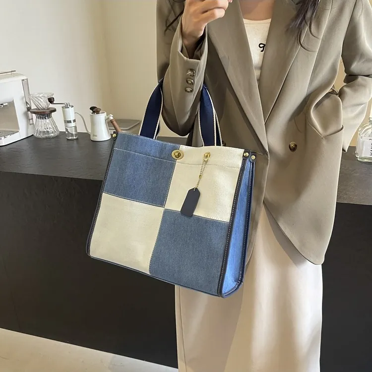 Large Capacity Patchwork Denim Tote Bag With Metal Turn Lock Contrast Color Canvas Shoulder Handbag For Women Office Daily Use
