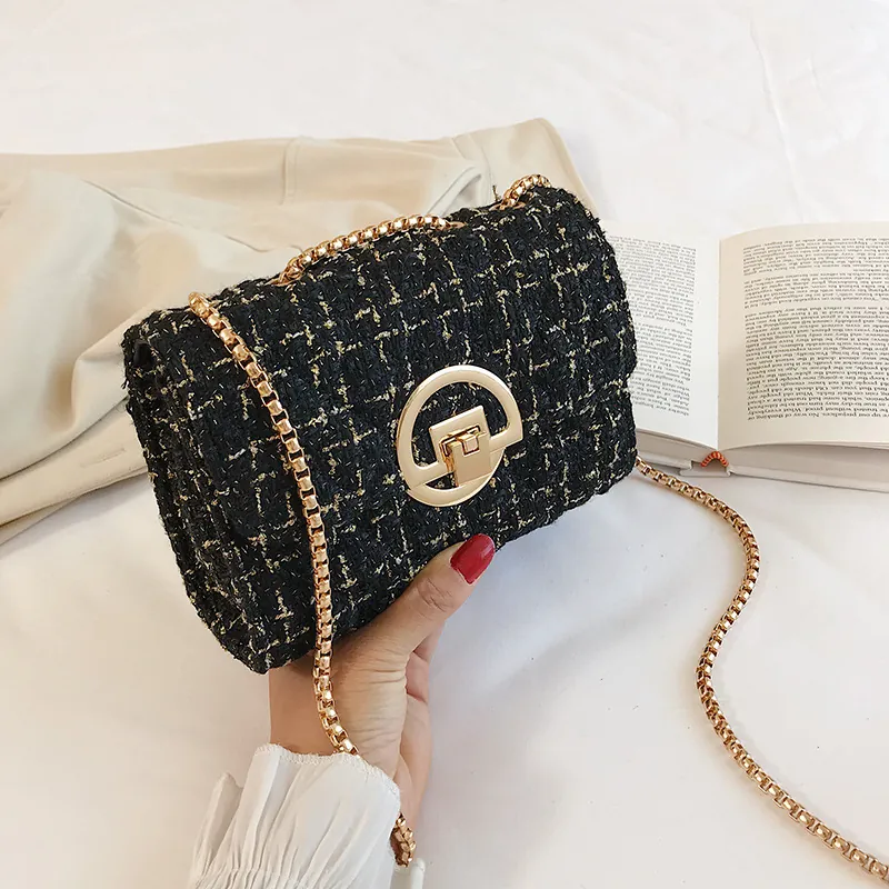 Elegant Tweed Crossbody Bag For Women Korean Style Small Square Flap Shoulder Bag With Gold Chain Lock Party Purse