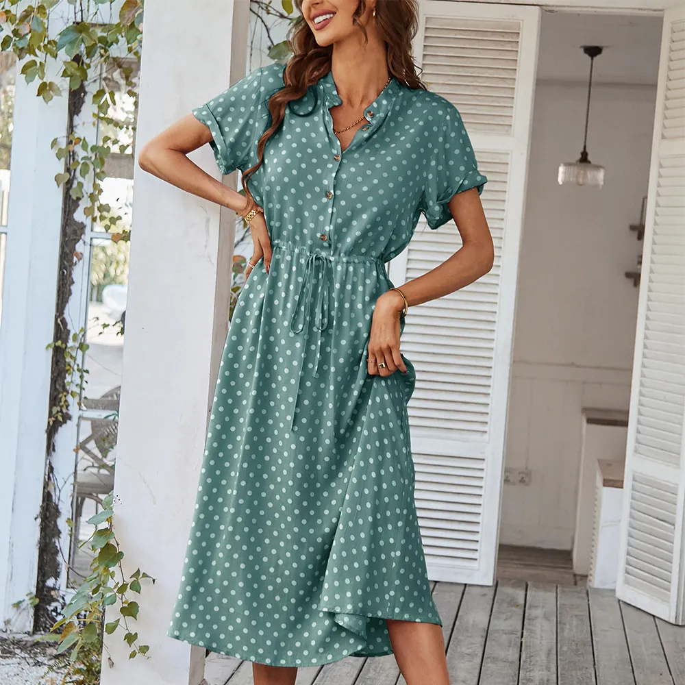 Damen Polka Dot Kleid Baumwolle Atmungsaktiv V-Ausschnitt Knöpfe Kurzarm Midi Kleid Für Urlaub Casual Elegant Retro Stil Damen Sommer A-Linie Kordelzug Taille Kleid
