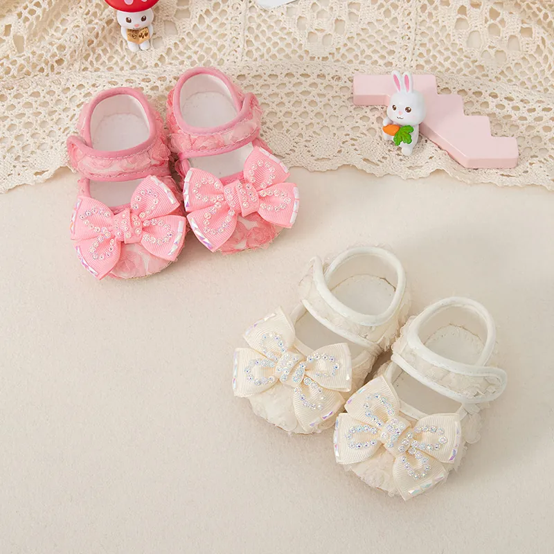 Baby Girl Princess Shoes Lace Flower Rhinestone Bow Soft Sole Pre-walkers Toddler Mary Jane Slip On Flat Shoes