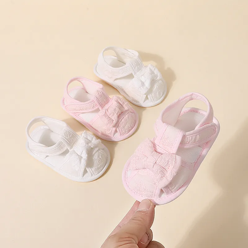 Sandales d'Été pour Bébé Fille avec Nœud en Dentelle Semelle Souple Chaussures de Premiers Pas Broderie Chaussures Respirantes