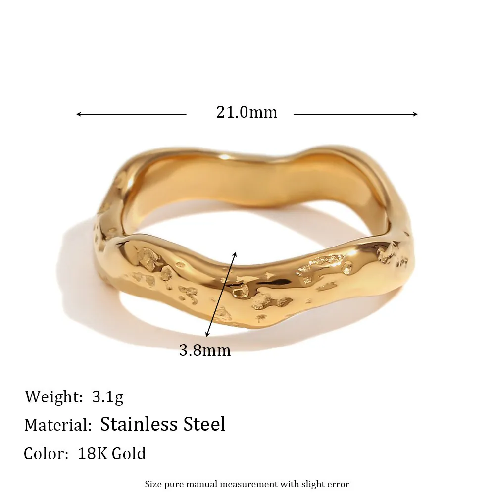 Stainless Steel Wave Ring 18K Gold Plated Geometric Hammered Texture Cubic Zirconia Open Adjustable Finger Jewelry Women