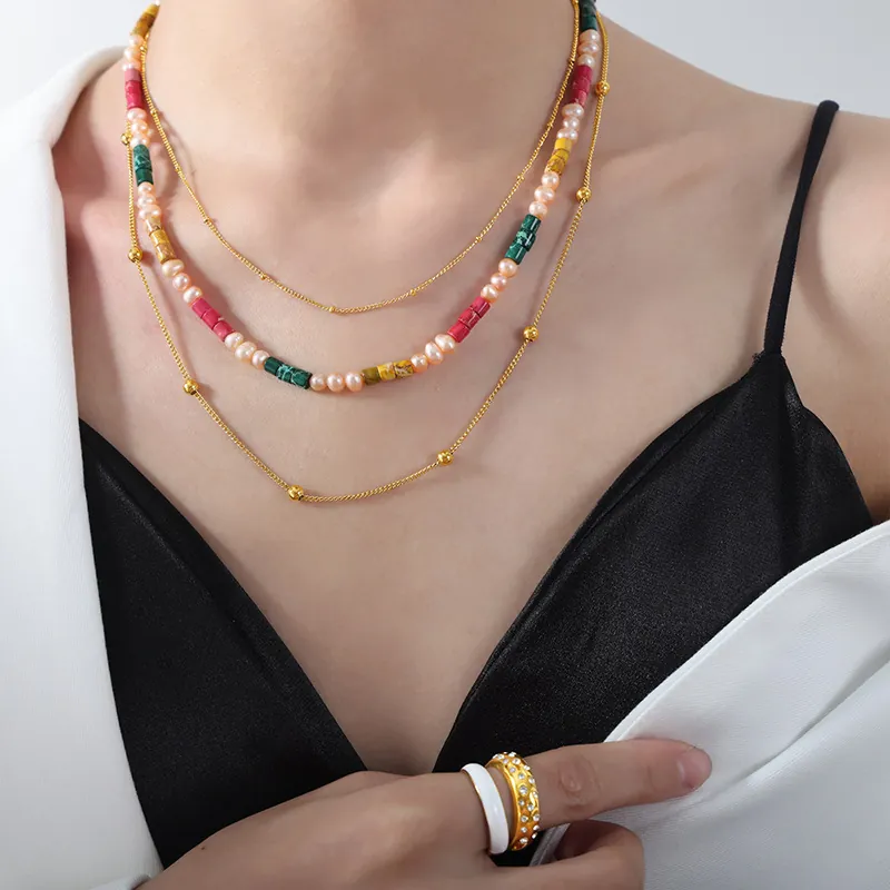 Natural Freshwater Pearl Jade Cylinder Beaded Necklace Eighteen Karat Gold Plated Titanium Steel Chain Women Jewelry