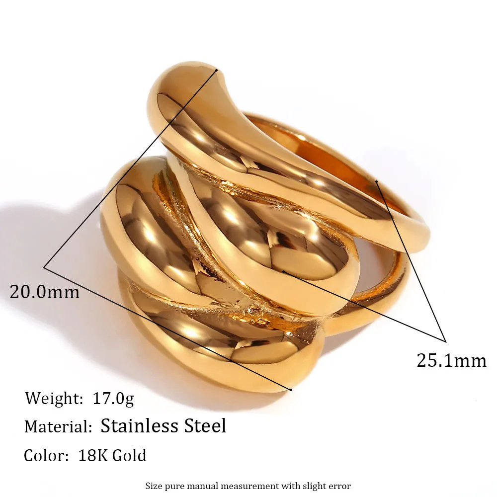 Chunky Dome Ring Stainless Steel 18K Gold Plated Interlocking Wave Water Drop Sculptural Fashion Jewelry For Women