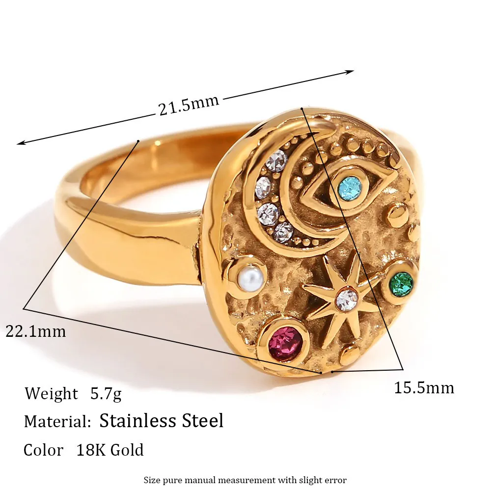 Vintage Gold Plated Stainless Steel Rings Geometric Heart Zircon Inlay Star Moon Eye Retro Fashion Jewelry For Women