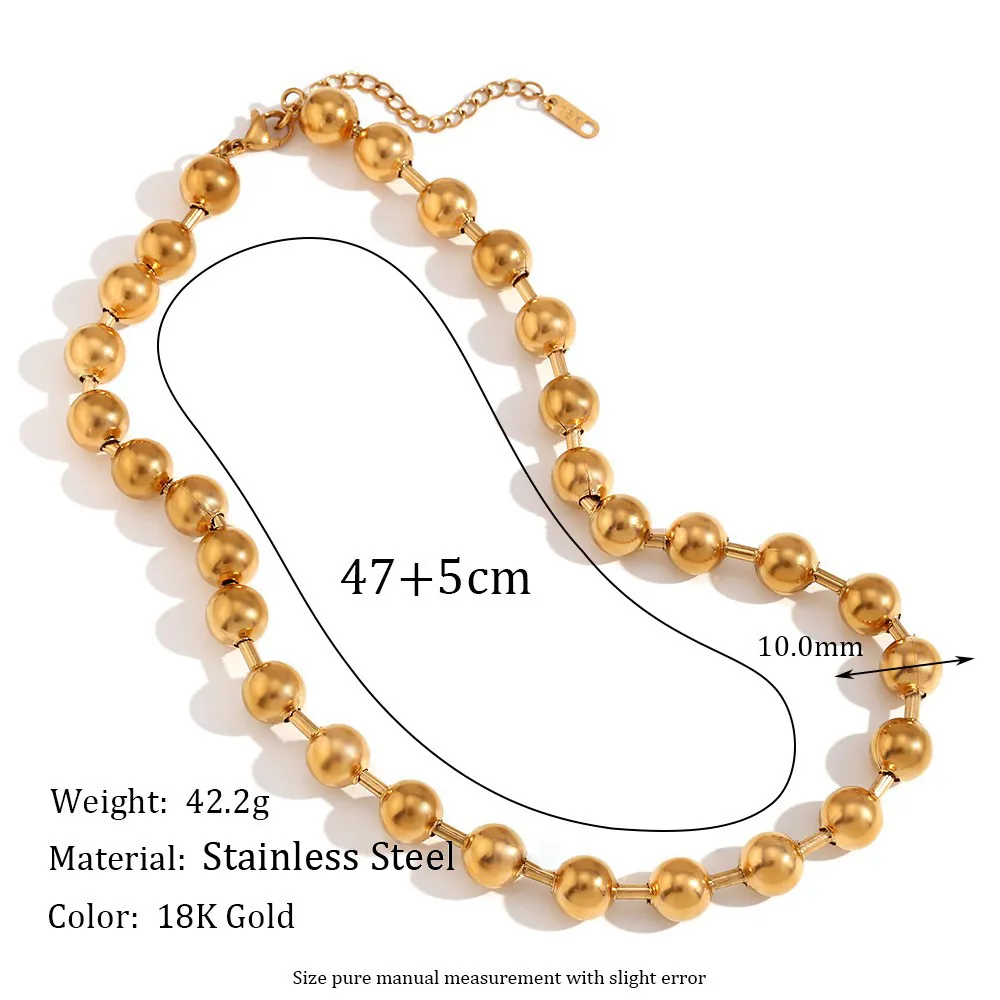 Collier Chaîne à Billes 10mm en Acier Inoxydable pour Femme Plaqué Or 18K Collier à Billes Rondes Minimaliste Cadeau Bijoux