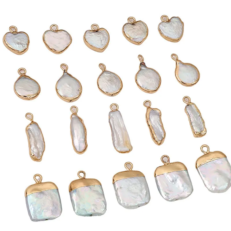 Natural Freshwater Pearl Gold Rimmed Pendants Irregular Heart Drop DIY Jewelry Making Accessories
