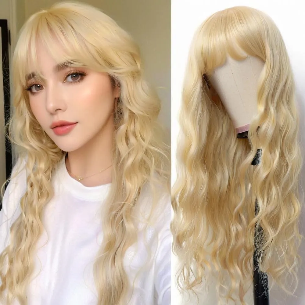 Long Water Wave Curly Wig With Air Bangs High Temperature Synthetic Fiber Heat Resistant Hair For Women Daily Party