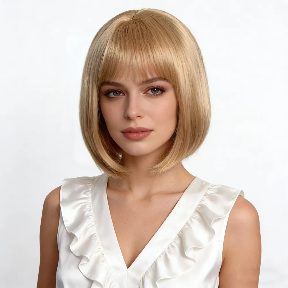 Women Short Straight Bob Wig With Bangs High Temperature Silk Synthetic Heat Resistant Hair For Daily Fashion Party Wig