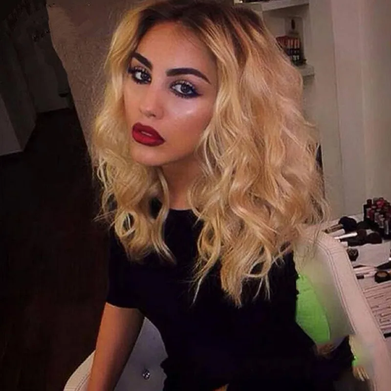 Women Fashion Long Wavy Ombre Blonde Wig High Temperature Synthetic Fiber Middle Part Heat Resistant Hair For Daily Party