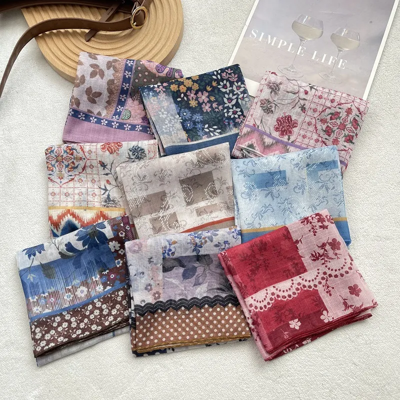 Vintage Floral Polka Dot Print Square Scarf For Women Soft Cotton Literary Style Hair Band Headscarf Neck Scarf Small Shawl