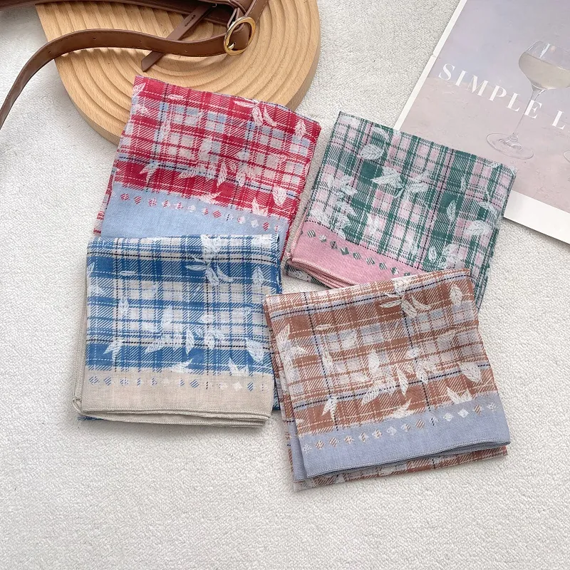 Women Retro Plaid Leaf Print Cotton Square Scarf Fashionable Literary Hair Wrap Head Scarf Versatile Neck Tie Accessory