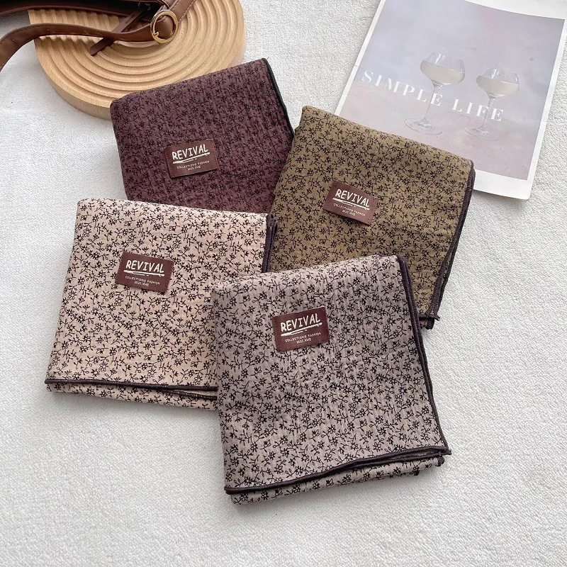 Women Vintage Cotton Ditsy Floral Print Shawl Scarf Long Large Soft Wrap With Label For Autumn Winter Daily Travel Scarf