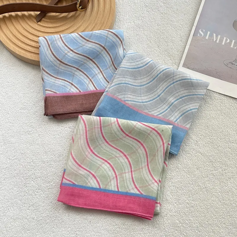 Vintage Stripe Cotton Square Scarf For Women Retro Wave Pattern Neckerchief Fashion Headscarf Hair Band Versatile Accessories