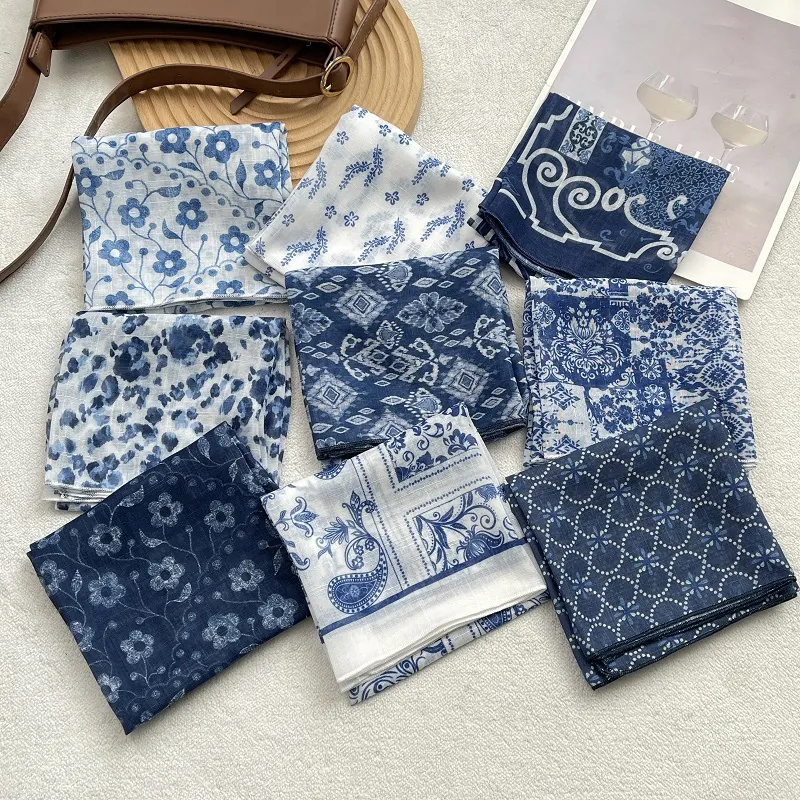 Women's Vintage Blue White Floral Paisley Print Cotton Square Scarf Thin Lightweight Head Scarf Neck Scarf For Daily Accessories