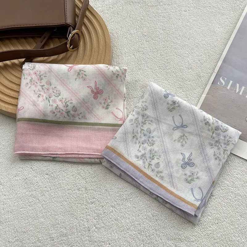 Carré de Soie Rétro Floral avec Nœud pour Femme Coton Doux Bandeau Cheveux Littéraire Frais Foulard Décoratif Accessoire