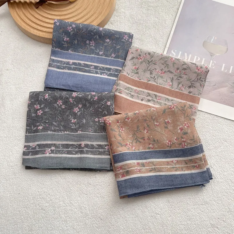 Vintage Floral Square Scarf Cotton Linen Bandana Multifunctional Headwear Neck Scarf For Women Men Streetwear Head Wrap