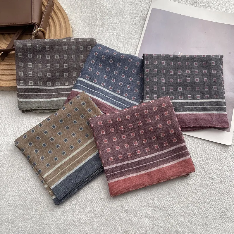 Women Vintage Geometric Pattern Cotton Square Scarf Korean Style Retro Print Neck Scarf Headwrap Bandana Fashion Accessory