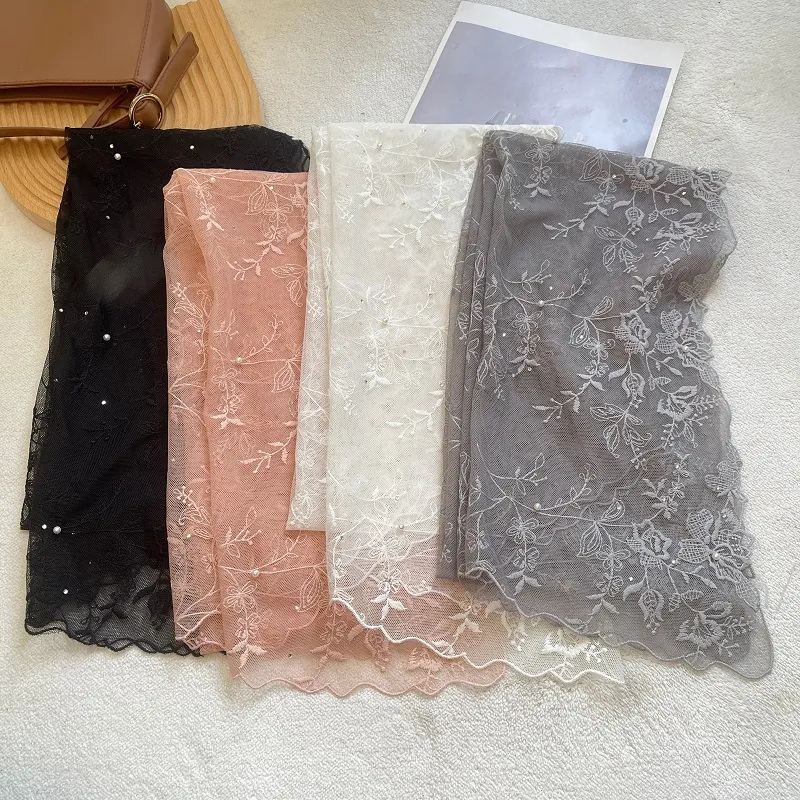 Women Elegant Floral Embroidery Lace Scarf With Faux Artificial Pearls Scalloped Edge Cotton Blend Mesh Shawl Wrap For Wedding Daily Wear