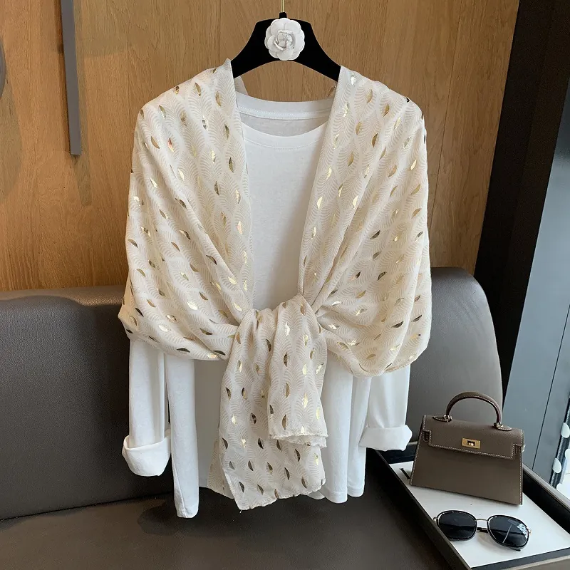 Dames Bronzen Gouden Blad Sjaal Elegant Lange Omslagdoek Zonbescherming Reizen Strand Lichtgewicht Polyester Pashmina