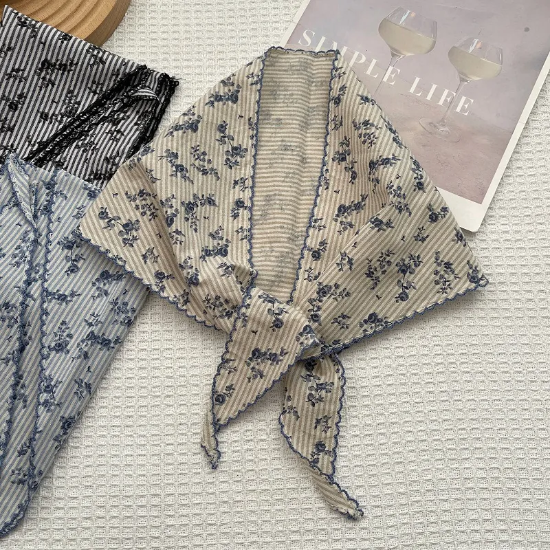 Sciarpa a Triangolo a Righe Floreali Francese Retrò Donna in Misto Cotone Sciarpa Decorativa Accessorio Bandana per Capelli