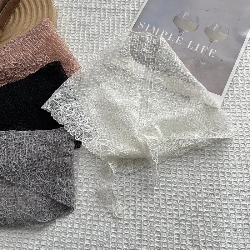French Pastoral Lace Floral Triangle Hair Scarf Women Embroidery Hollow Out Headscarf Thin Summer Bandana Hair Band Accessory