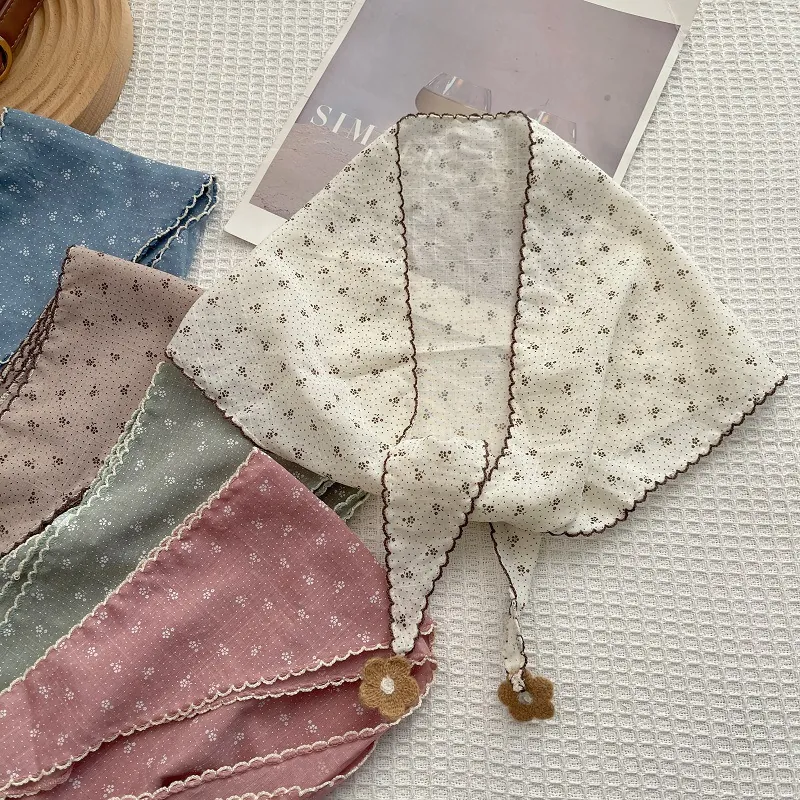 Women Casual Floral Triangle Scarf Cotton Blend Headband Retro Pastoral Style Neck Scarf With Knit Flower Pendant