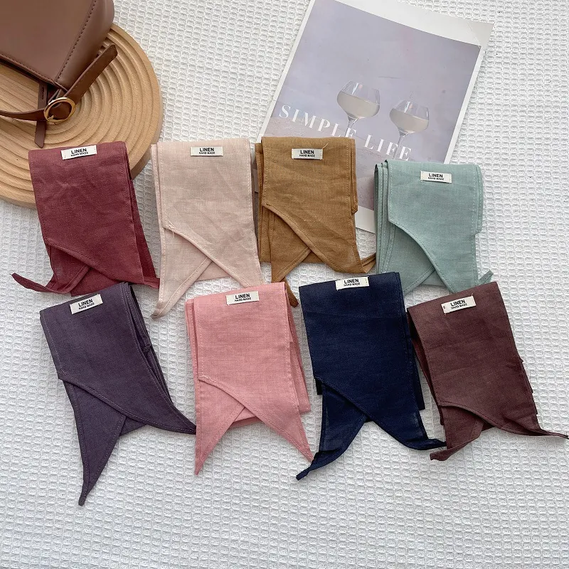 Women 100% Linen Skinny Neck Scarf Japanese Style Handmade Thin Decorative Neckerchief Solid Color Long Strip Scarf Hair Band