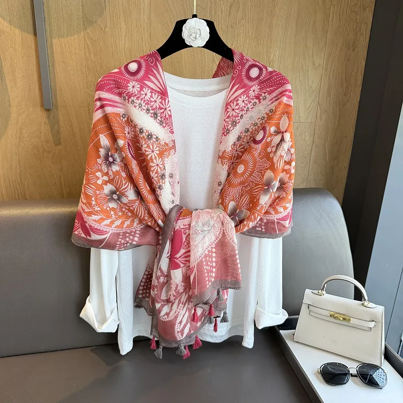 Écharpe Châle À Imprimé Floral Pour Femmes Avec Glands Foulard En Satin Léger Protection Solaire Pour Vacances À La Plage
