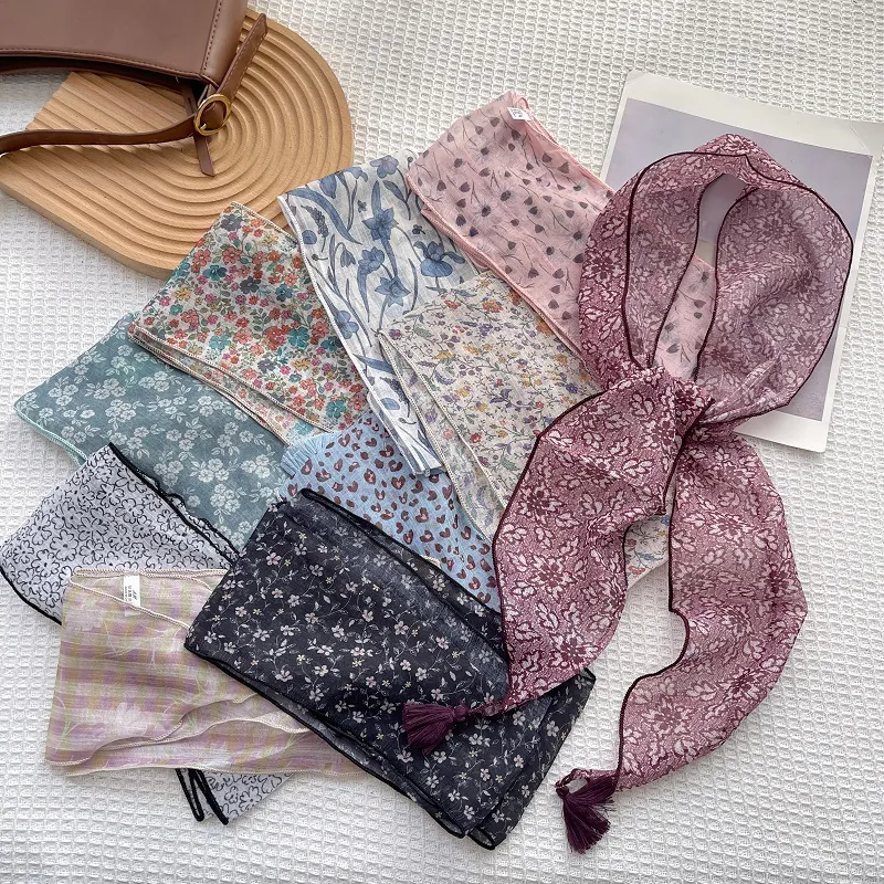 Sciarpa Stretta in Raso con Stampa Floreale Pastorale per Donna Con Nappine Retrò Elastico per Capelli Nastro per Borsa Sciarpa da Collo per Donna