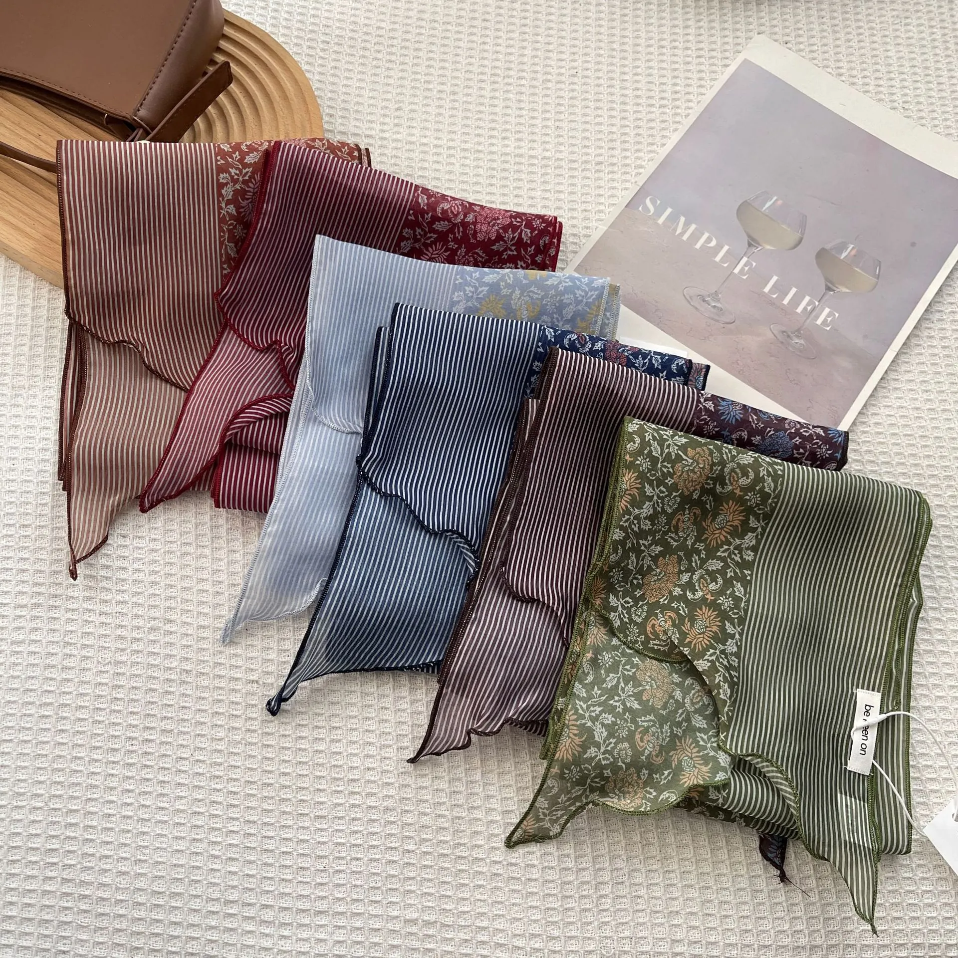 Women's Striped Floral Patchwork Satin Scarf Narrow Rectangular Neck Scarf Decorative Headband Fashion Hair Band Scarf