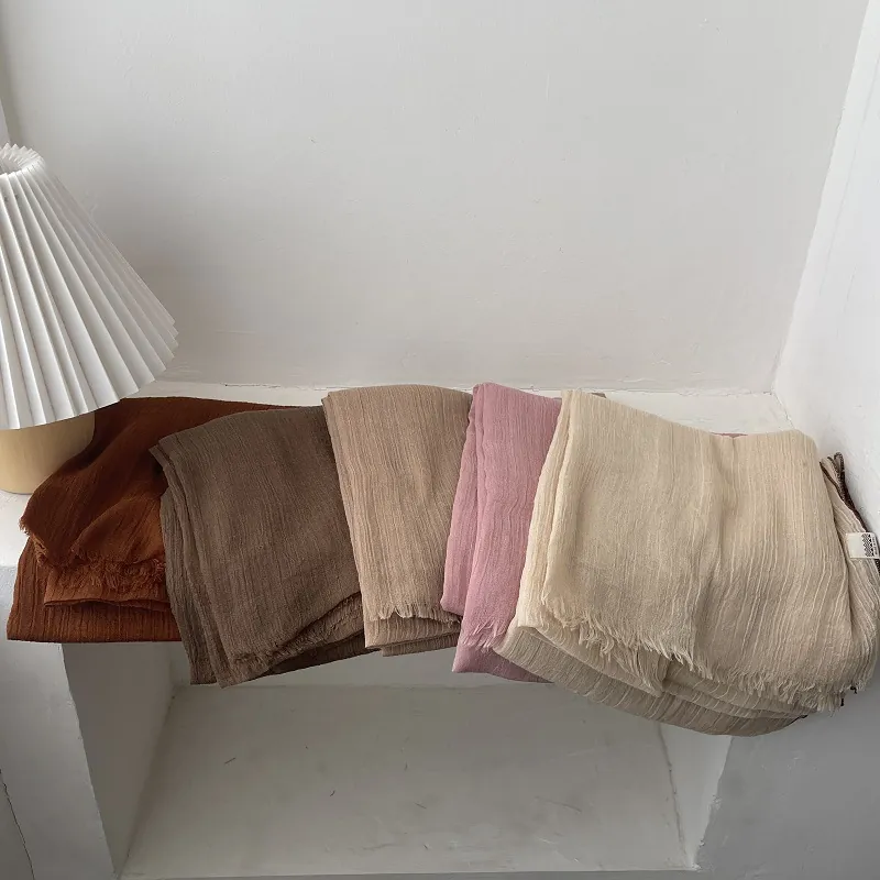 Bufanda Vintage Arrugada para Mujer Textura de Algodón y Lino Chal Ligero de Protección Solar Retro Color Sólido Bufanda Fina