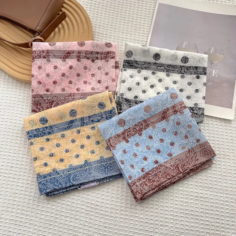 Women Vintage Paisley Polka Dot Print Square Scarf Lightweight Cotton Satin Finish Decorative Neck Wrap Head Scarf Hair Band