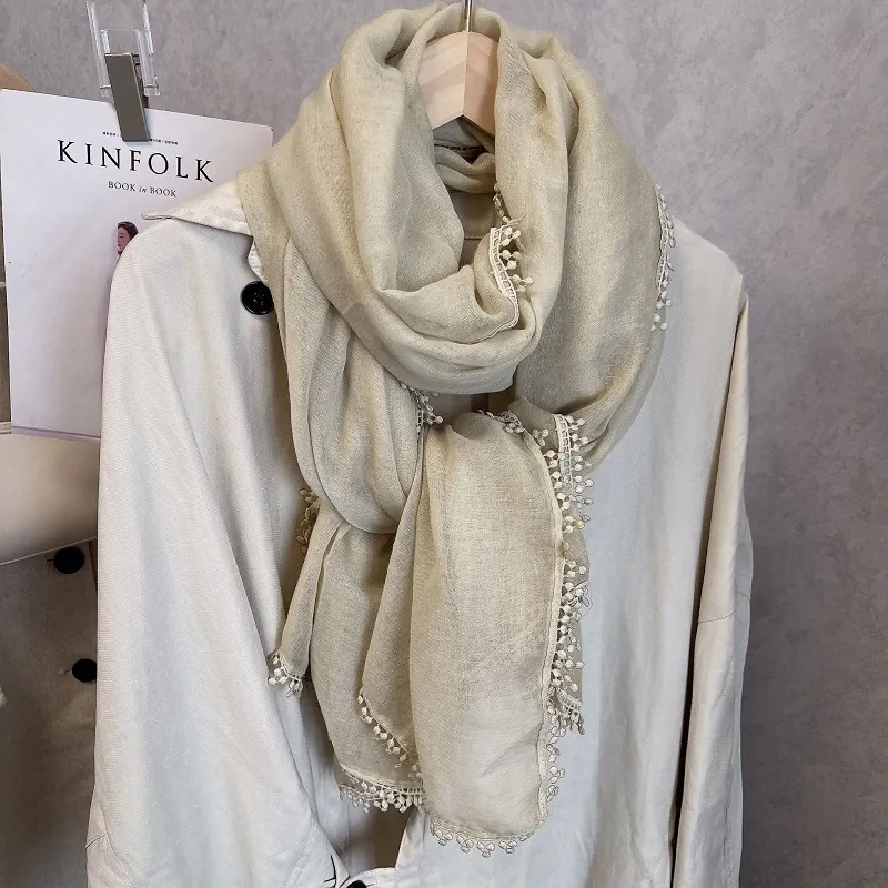 Elegante Bufanda de Algodón y Lino Con Ribete de Encaje Chal Fino de Protección Solar Para Mujer Primavera Verano Accesorio de Moda Ligero
