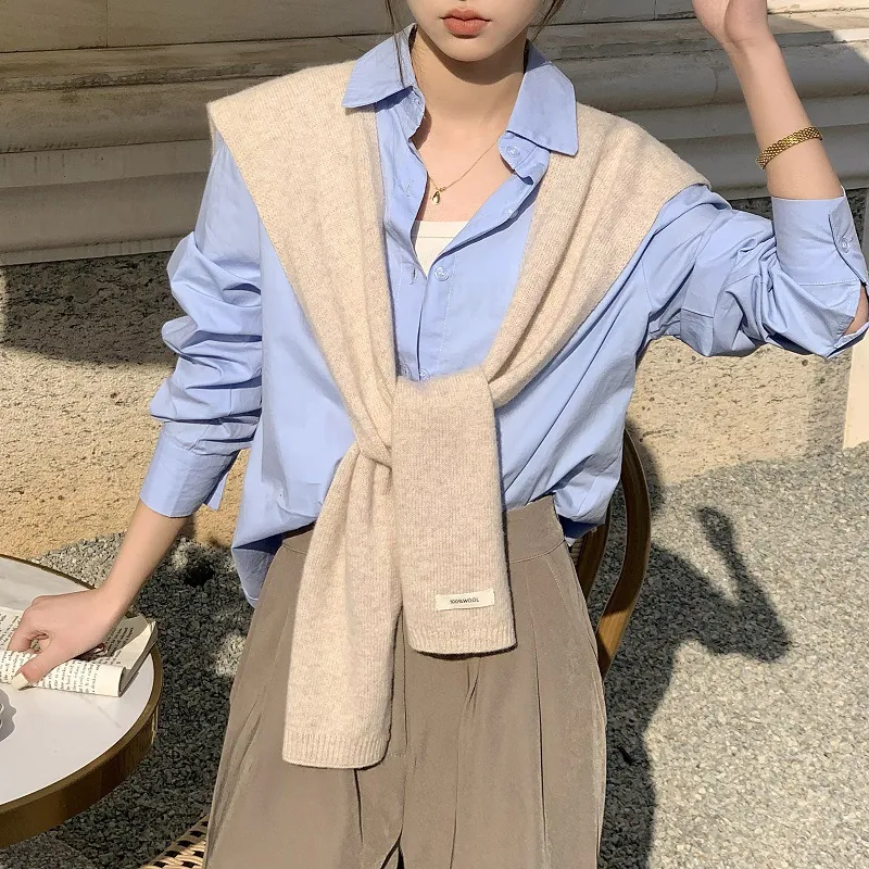 Scialle da Donna Minimalista in Lana Australiana a Maglia Elegante Tinta Unita Decorativo Coprispalle per Primavera Autunno