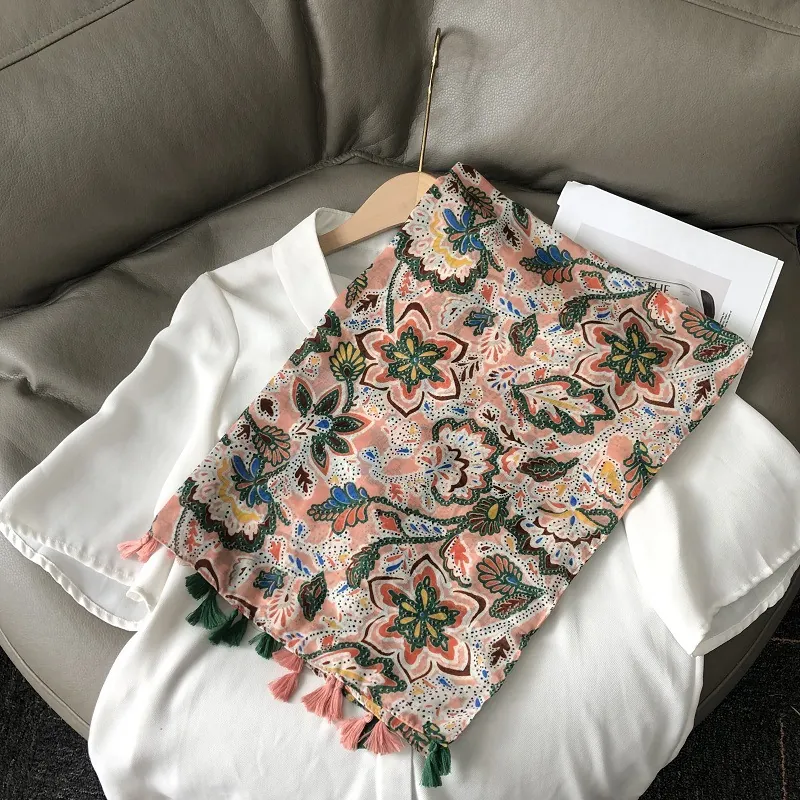 Böhmischer Ethno Schal Mit Blumendruck Leichter Sonnenschutz-Schal Mit Quasten Für Damen Alltag Strand Reise Accessoire