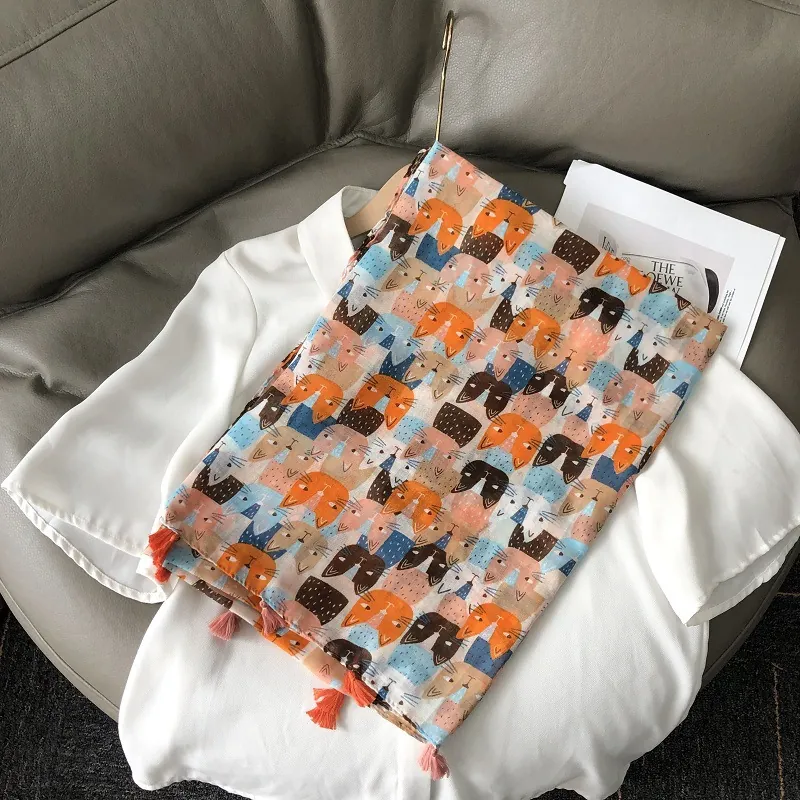 Écharpe à Imprimé Chat De Dessin Animé Pour Femmes Avec Glands Châle En Polyester Léger Et Respirant Pour Été Quotidien Voyage