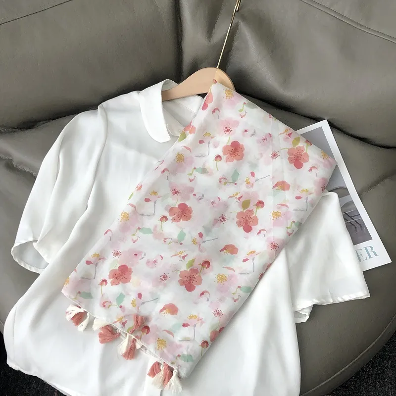 Women Fashion Cherry Blossom Print Shawl Scarf With Tassels Lightweight Sun Protection Beach Wrap For Travel Daily Accessory