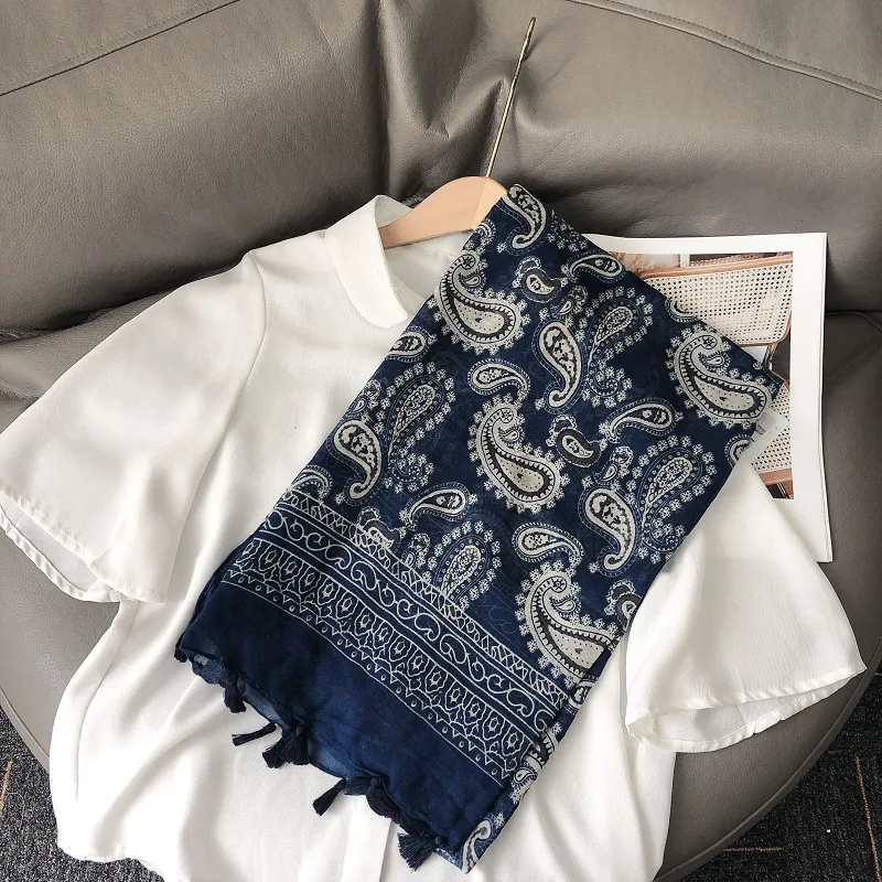 Vintage Paisley Printed Scarf For Women Lightweight Polyester Wool Blend Tassel Shawl Wrap Navy Blue Long Scarf